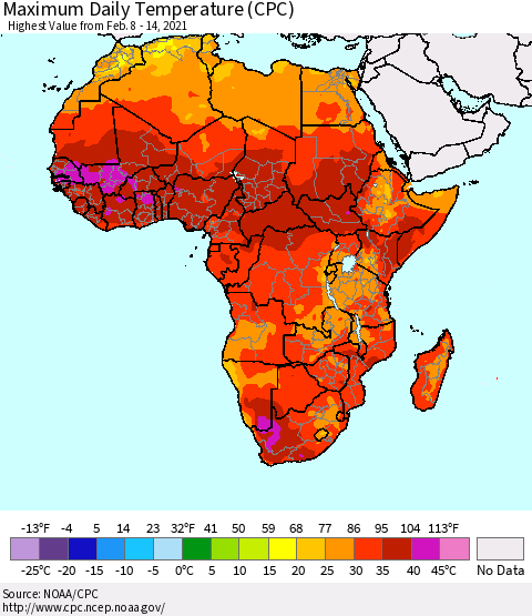 Africa Maximum Daily Temperature (CPC) Thematic Map For 2/8/2021 - 2/14/2021