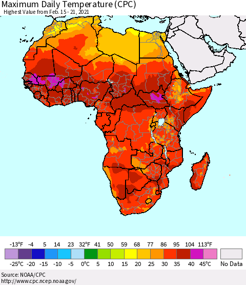 Africa Maximum Daily Temperature (CPC) Thematic Map For 2/15/2021 - 2/21/2021