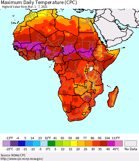 Africa Maximum Daily Temperature (CPC) Thematic Map For 3/1/2021 - 3/7/2021