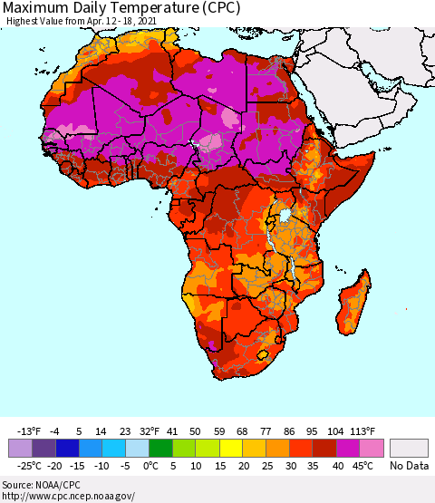 Africa Maximum Daily Temperature (CPC) Thematic Map For 4/12/2021 - 4/18/2021