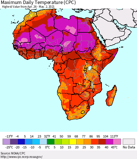 Africa Maximum Daily Temperature (CPC) Thematic Map For 4/26/2021 - 5/2/2021