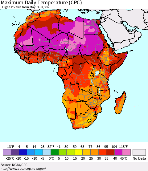 Africa Maximum Daily Temperature (CPC) Thematic Map For 5/3/2021 - 5/9/2021