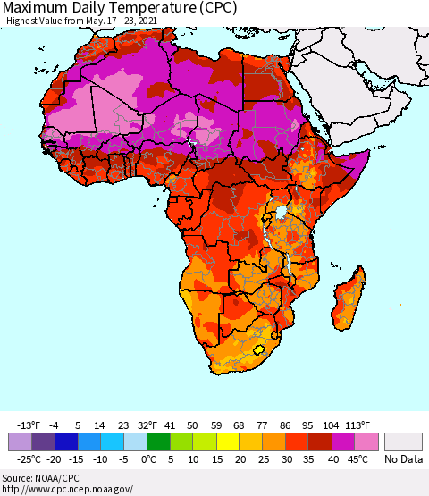 Africa Maximum Daily Temperature (CPC) Thematic Map For 5/17/2021 - 5/23/2021