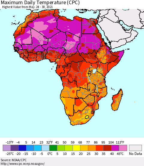 Africa Maximum Daily Temperature (CPC) Thematic Map For 5/24/2021 - 5/30/2021