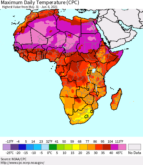 Africa Maximum Daily Temperature (CPC) Thematic Map For 5/31/2021 - 6/6/2021