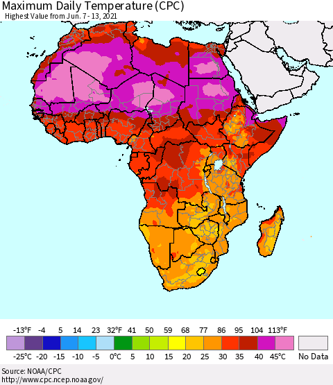 Africa Maximum Daily Temperature (CPC) Thematic Map For 6/7/2021 - 6/13/2021