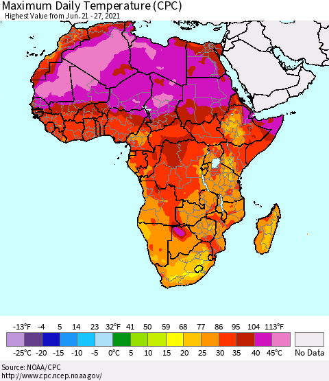 Africa Maximum Daily Temperature (CPC) Thematic Map For 6/21/2021 - 6/27/2021
