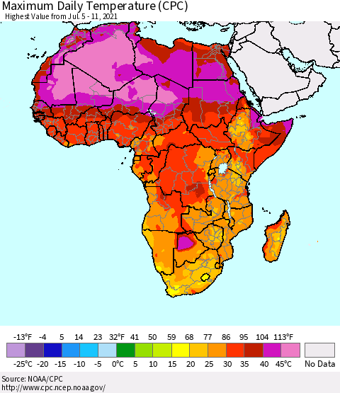 Africa Maximum Daily Temperature (CPC) Thematic Map For 7/5/2021 - 7/11/2021