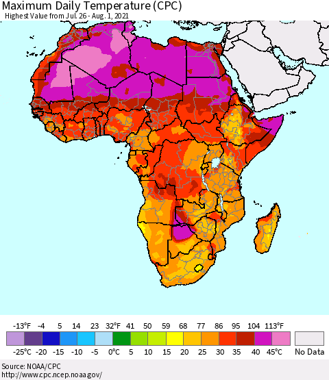 Africa Maximum Daily Temperature (CPC) Thematic Map For 7/26/2021 - 8/1/2021