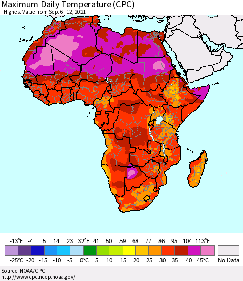 Africa Maximum Daily Temperature (CPC) Thematic Map For 9/6/2021 - 9/12/2021