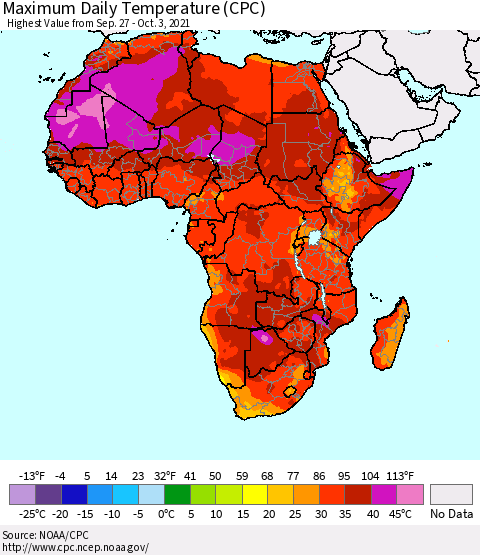 Africa Maximum Daily Temperature (CPC) Thematic Map For 9/27/2021 - 10/3/2021