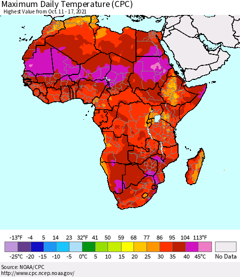 Africa Maximum Daily Temperature (CPC) Thematic Map For 10/11/2021 - 10/17/2021