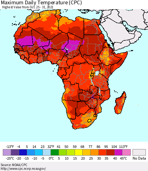 Africa Maximum Daily Temperature (CPC) Thematic Map For 10/25/2021 - 10/31/2021