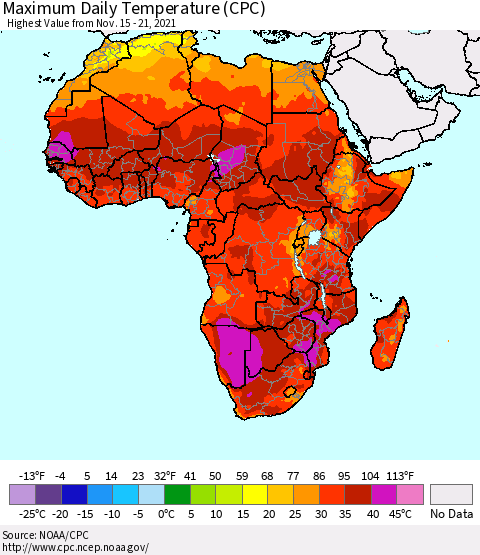 Africa Maximum Daily Temperature (CPC) Thematic Map For 11/15/2021 - 11/21/2021