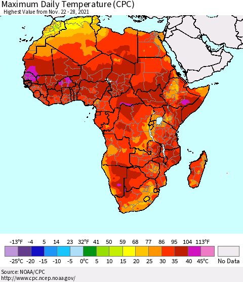 Africa Maximum Daily Temperature (CPC) Thematic Map For 11/22/2021 - 11/28/2021