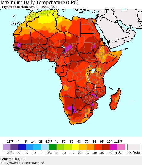 Africa Maximum Daily Temperature (CPC) Thematic Map For 11/29/2021 - 12/5/2021