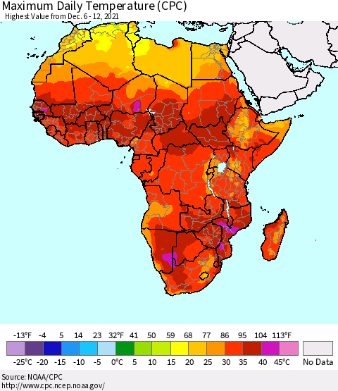 Africa Maximum Daily Temperature (CPC) Thematic Map For 12/6/2021 - 12/12/2021