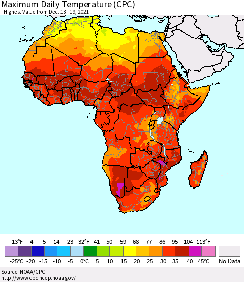 Africa Maximum Daily Temperature (CPC) Thematic Map For 12/13/2021 - 12/19/2021