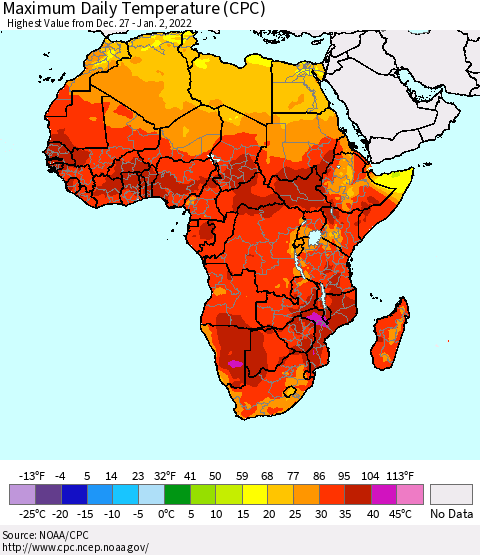 Africa Maximum Daily Temperature (CPC) Thematic Map For 12/27/2021 - 1/2/2022