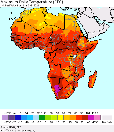 Africa Maximum Daily Temperature (CPC) Thematic Map For 1/3/2022 - 1/9/2022