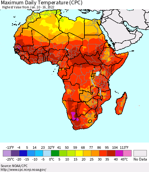 Africa Maximum Daily Temperature (CPC) Thematic Map For 1/10/2022 - 1/16/2022