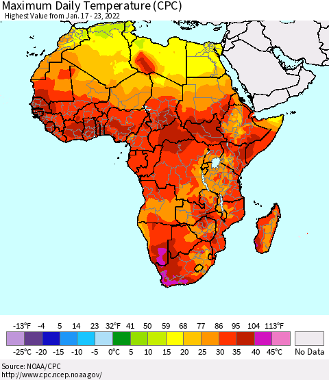 Africa Maximum Daily Temperature (CPC) Thematic Map For 1/17/2022 - 1/23/2022