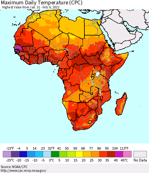 Africa Maximum Daily Temperature (CPC) Thematic Map For 1/31/2022 - 2/6/2022