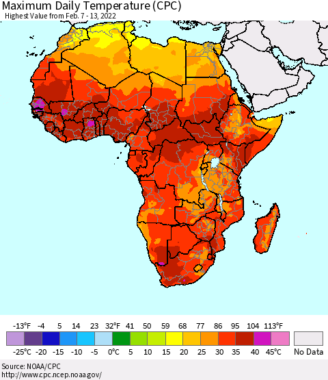 Africa Maximum Daily Temperature (CPC) Thematic Map For 2/7/2022 - 2/13/2022