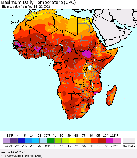 Africa Maximum Daily Temperature (CPC) Thematic Map For 2/14/2022 - 2/20/2022