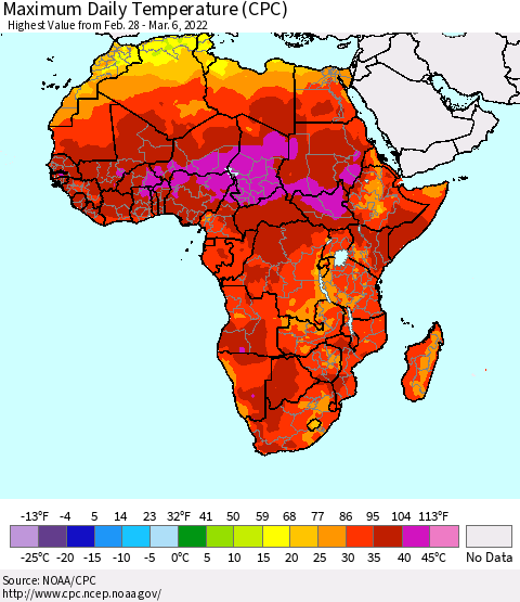 Africa Maximum Daily Temperature (CPC) Thematic Map For 2/28/2022 - 3/6/2022