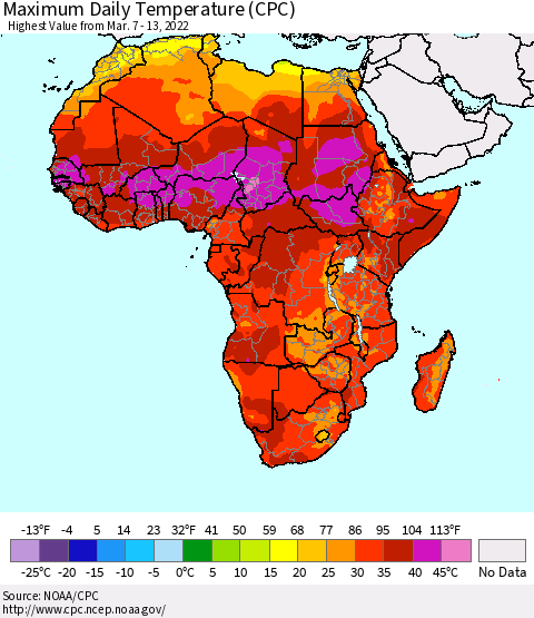 Africa Maximum Daily Temperature (CPC) Thematic Map For 3/7/2022 - 3/13/2022