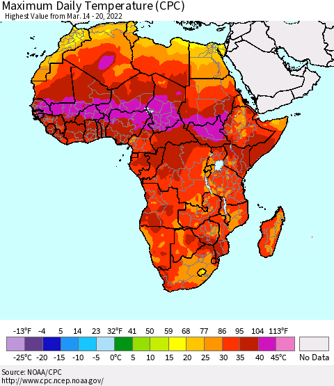 Africa Maximum Daily Temperature (CPC) Thematic Map For 3/14/2022 - 3/20/2022