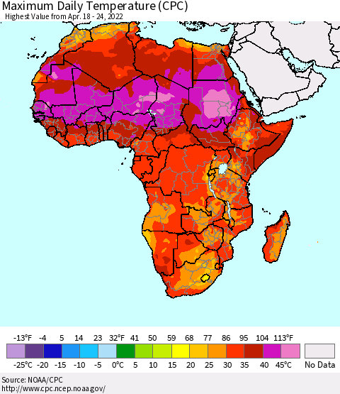 Africa Maximum Daily Temperature (CPC) Thematic Map For 4/18/2022 - 4/24/2022