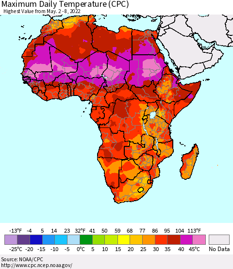 Africa Maximum Daily Temperature (CPC) Thematic Map For 5/2/2022 - 5/8/2022