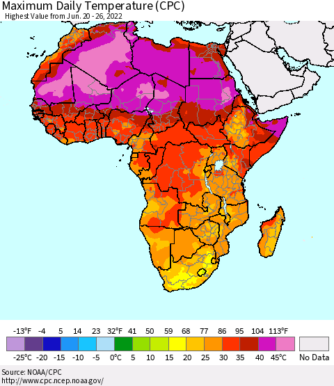 Africa Maximum Daily Temperature (CPC) Thematic Map For 6/20/2022 - 6/26/2022