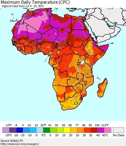 Africa Maximum Daily Temperature (CPC) Thematic Map For 7/4/2022 - 7/10/2022