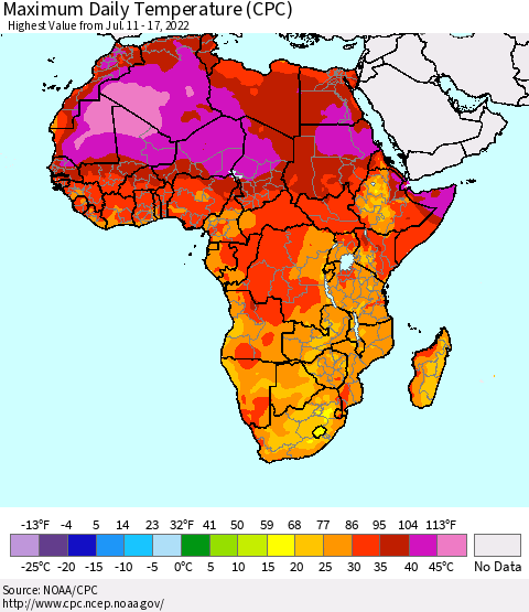 Africa Maximum Daily Temperature (CPC) Thematic Map For 7/11/2022 - 7/17/2022