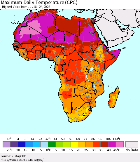 Africa Maximum Daily Temperature (CPC) Thematic Map For 7/18/2022 - 7/24/2022