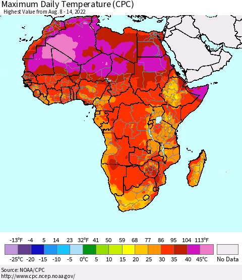 Africa Maximum Daily Temperature (CPC) Thematic Map For 8/8/2022 - 8/14/2022