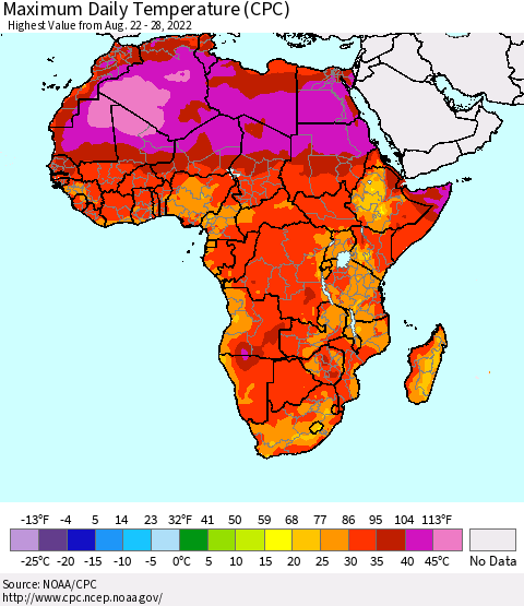 Africa Maximum Daily Temperature (CPC) Thematic Map For 8/22/2022 - 8/28/2022