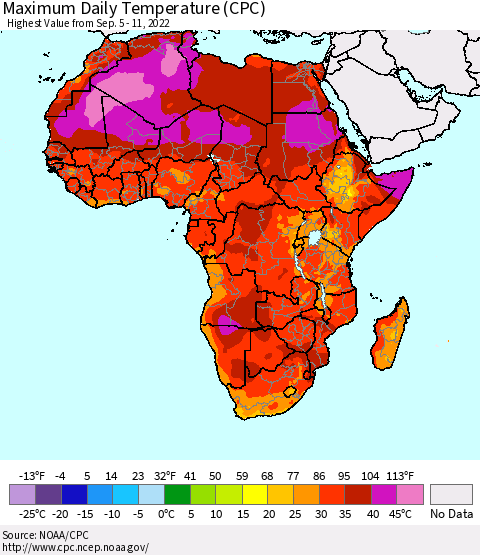 Africa Maximum Daily Temperature (CPC) Thematic Map For 9/5/2022 - 9/11/2022
