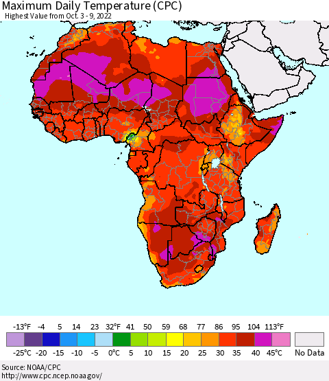 Africa Maximum Daily Temperature (CPC) Thematic Map For 10/3/2022 - 10/9/2022