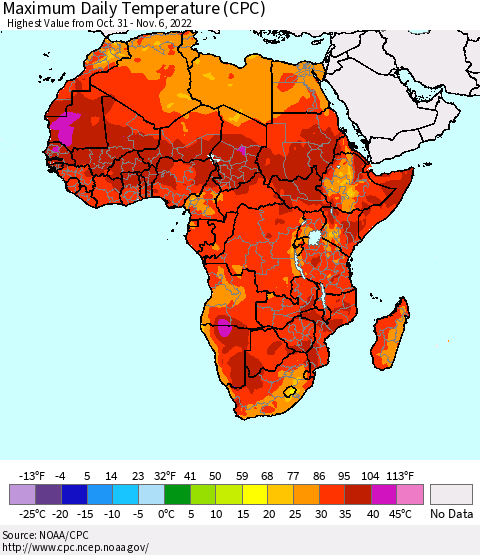 Africa Maximum Daily Temperature (CPC) Thematic Map For 10/31/2022 - 11/6/2022