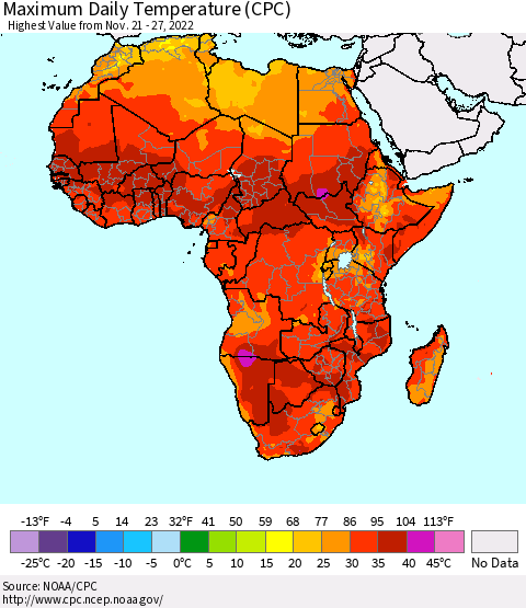 Africa Maximum Daily Temperature (CPC) Thematic Map For 11/21/2022 - 11/27/2022