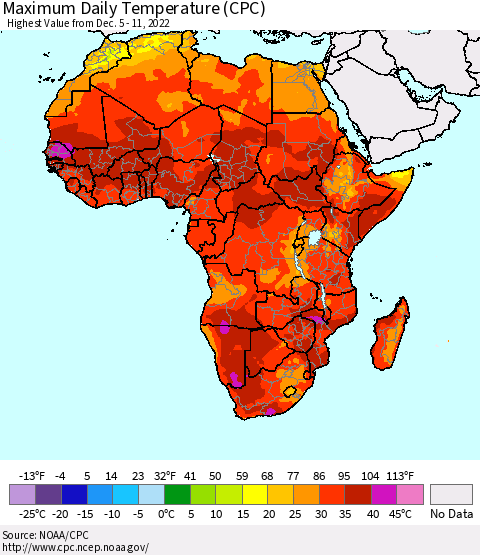 Africa Maximum Daily Temperature (CPC) Thematic Map For 12/5/2022 - 12/11/2022