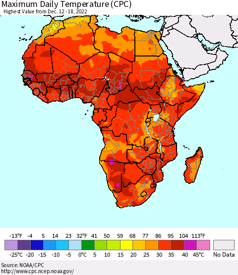 Africa Maximum Daily Temperature (CPC) Thematic Map For 12/12/2022 - 12/18/2022
