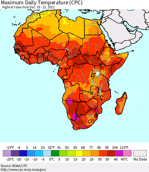 Africa Maximum Daily Temperature (CPC) Thematic Map For 12/19/2022 - 12/25/2022