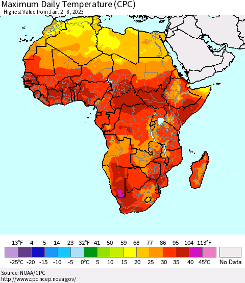 Africa Maximum Daily Temperature (CPC) Thematic Map For 1/2/2023 - 1/8/2023