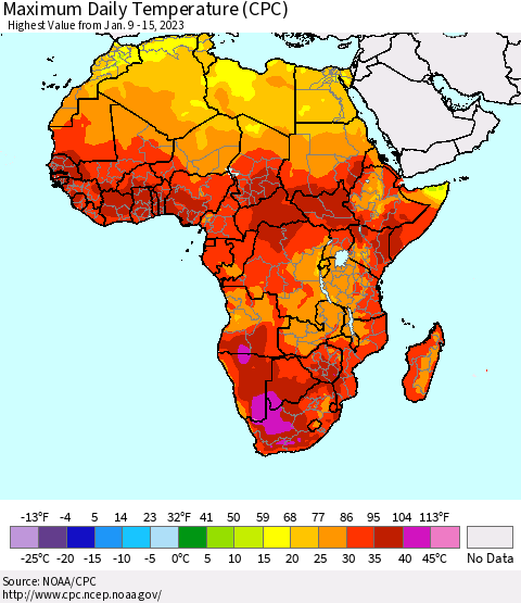 Africa Maximum Daily Temperature (CPC) Thematic Map For 1/9/2023 - 1/15/2023