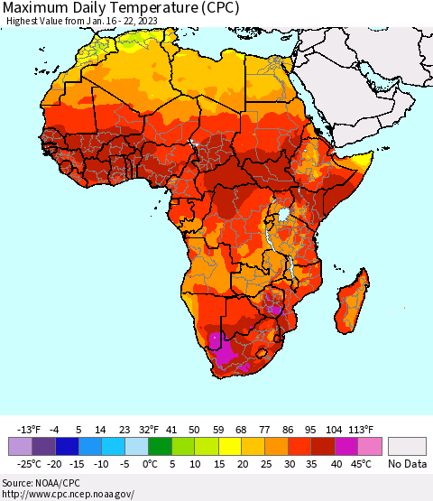 Africa Maximum Daily Temperature (CPC) Thematic Map For 1/16/2023 - 1/22/2023